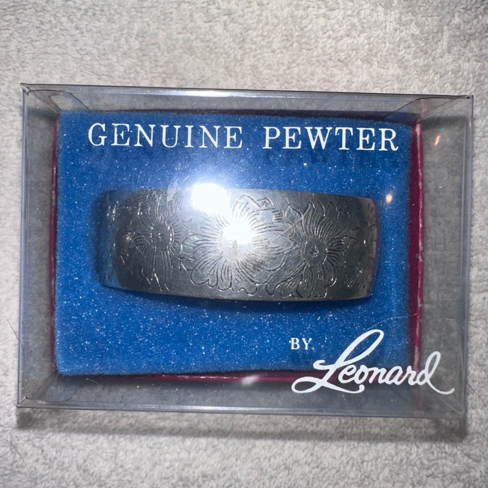 NOS Vintage Women's Leonard Genuine Pewter Floral Design Bracelet Etched Silver